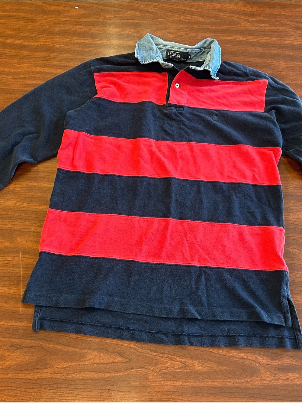 Polo Ralph Lauren denim collar Long Sleeve Striped Rugby Red Navy size large